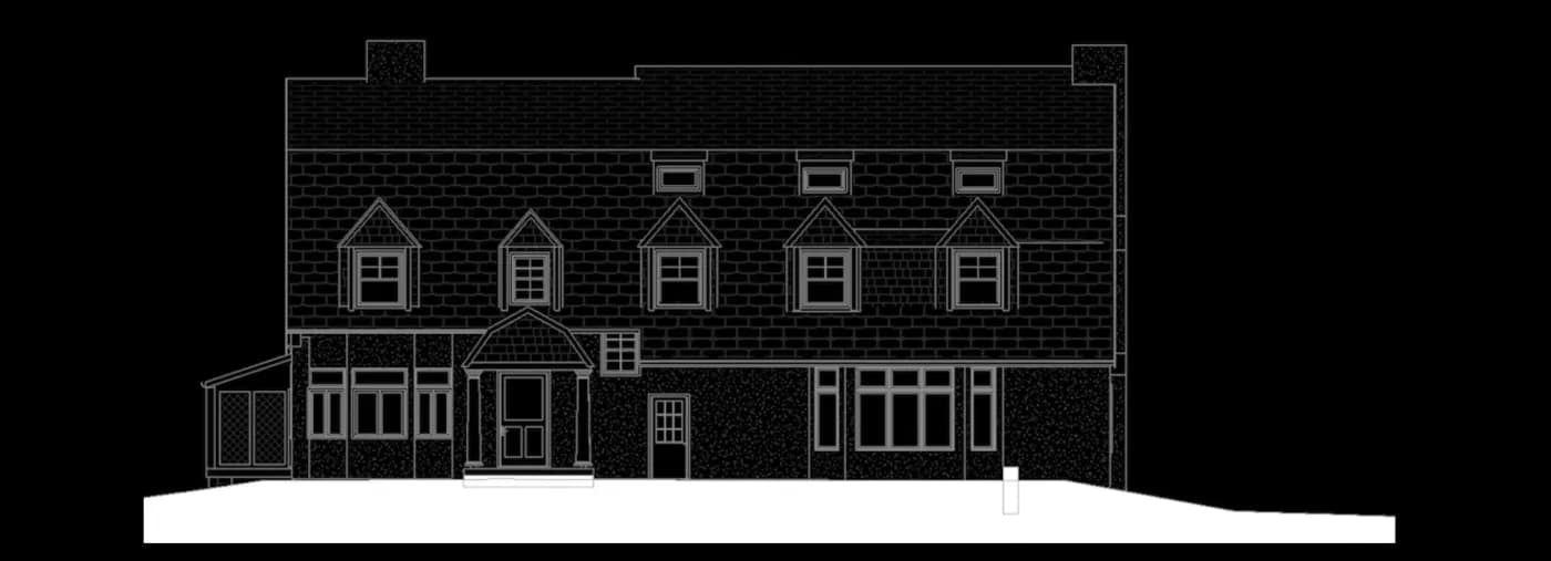 A building elevation as white as-built line work on black