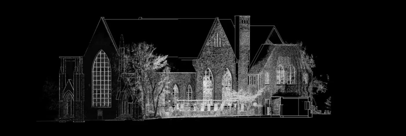 A church exterior elevation captured as a dense monochrome LiDAR point cloud on black