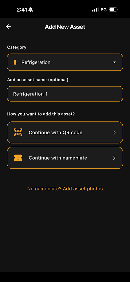 Mobile App Add New Asset form with QR and nameplate options