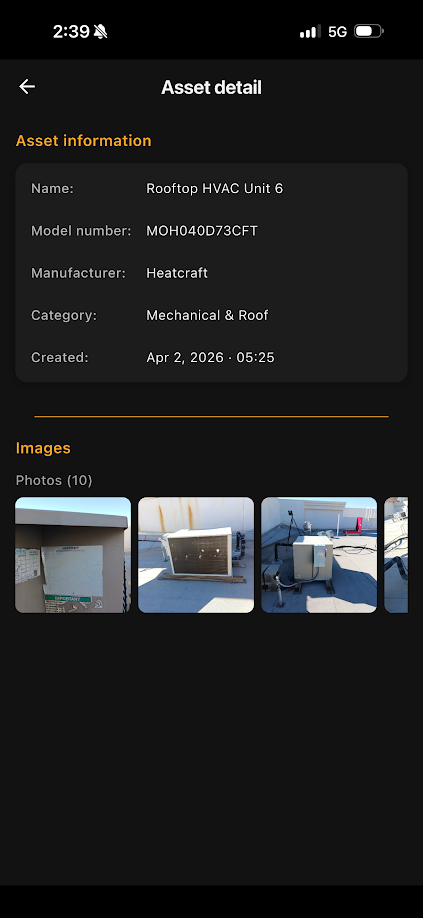 Mobile App Asset Detail showing equipment information and photos