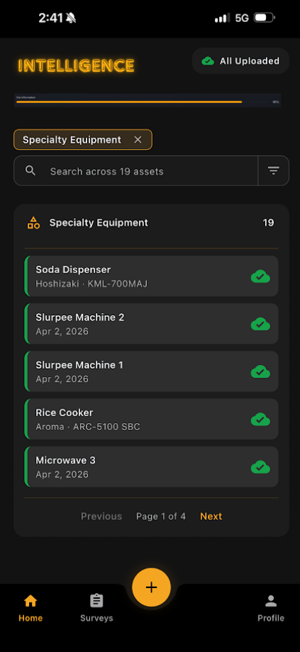 Mobile App Assets Outline showing equipment list