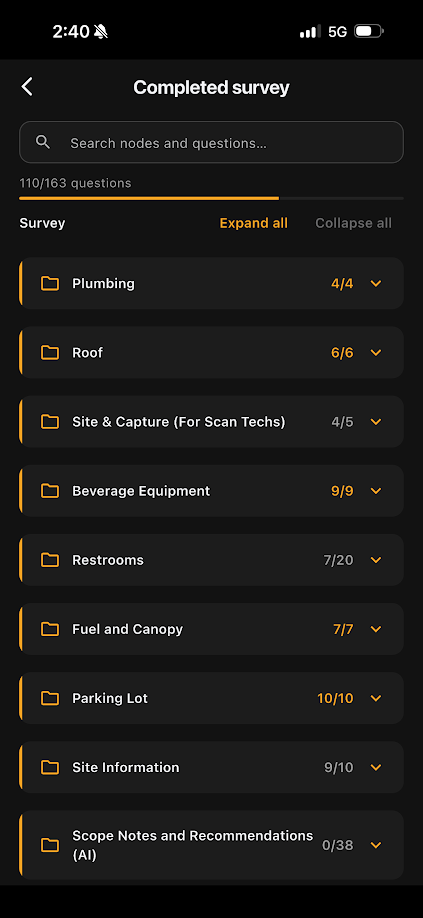 Mobile App Completed Survey showing section categories