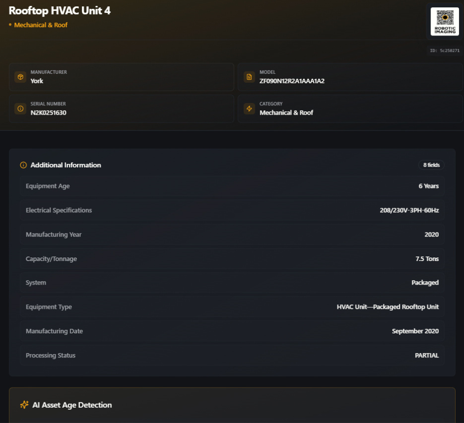Web App Asset Detail for Rooftop HVAC Unit showing equipment specifications