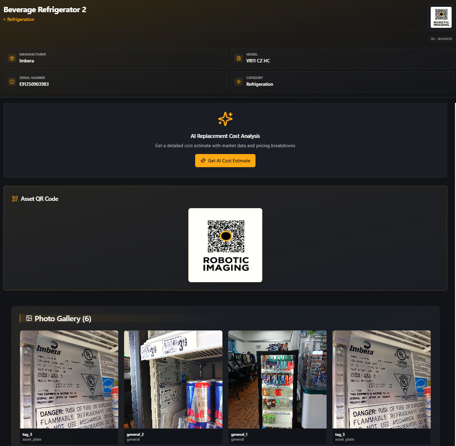 Web App Asset Overview for Beverage Refrigerator showing QR code and photo gallery