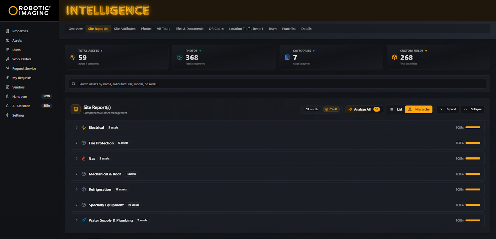 Web App Report Outline showing site report categories with asset counts